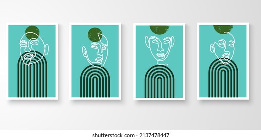 Set of minimal natural wall art in white frames. Foliage line art drawing with abstract shape composition earth tone. Art vector illustration.