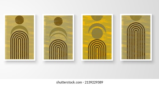 Set of minimal natural wall art in white frames. 
Foliage line art drawing with abstract shape composition earth tone. Art vector illustration.