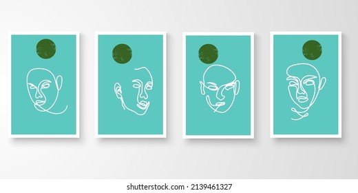 Set of minimal natural wall art in white frames. Foliage line art drawing with abstract shape composition earth tone. Art vector illustration.