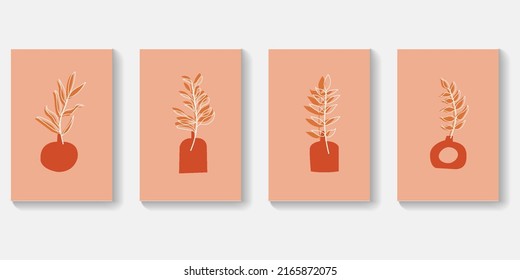 Set of minimal natural wall art in white frames. Foliage line art drawing with abstract shape composition earth tone. Art vector illustration.