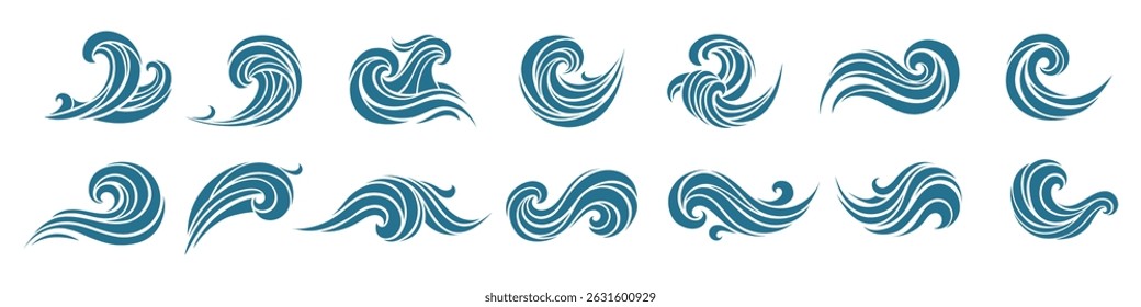 Set of minimal ocean waves in elegant blue graphic style. Decorative abstract water shapes for design, print, or digital use. Perfect for logo, pattern, branding, or marine themes.