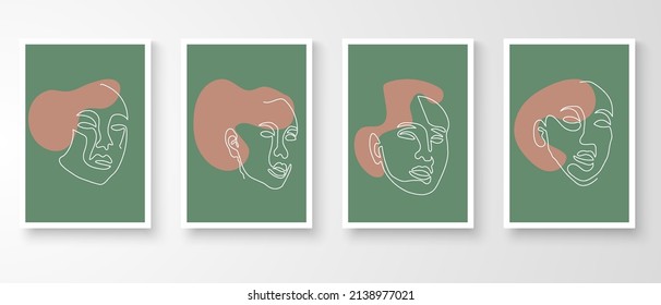 Set of minimal one line wall art in white frames. Foliage line art drawing with abstract shape composition earth tone. Art vector illustration.