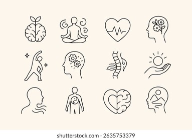 A set of minimal outline icons representing mind body and soul illustrating aspects of wellness meditation and holistic health on a neutral background