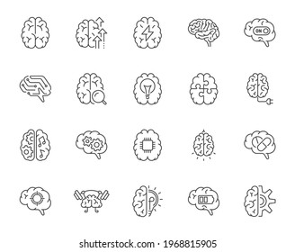 Set of minimal outline icons symbolizing various smart brain activities. 256x256px. Editable stroke.