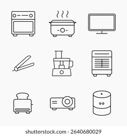 Set of minimal outline style icon representing various household and electronic appliances on a light background, vector illustration