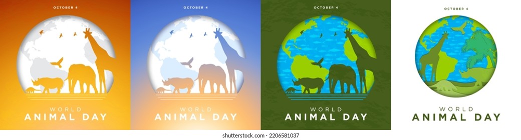 Set of minimal and paper art World Animal Dat Greeting Cards in different backgrounds. Sunset and sunrise gradient. Paper craft animals. Vector Illustration. 