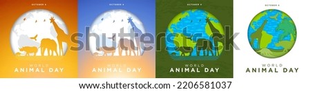 Set of minimal and paper art World Animal Dat Greeting Cards in different backgrounds. Sunset and sunrise gradient. Paper craft animals. Vector Illustration. 