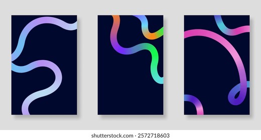 Set of minimal poster background with gradient wavy lines on blue. Elegant design with colorful element. Vector illustration