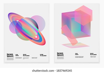 Set of minimal posters with abstract composition of glowing neon shapes and planets. Synthwave and vaporwave style covers for music or dance event.