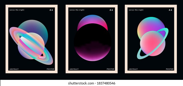 Set of minimal posters with abstract composition of glowing neon shapes and planets. Synthwave and vaporwave style covers for music or dance event.