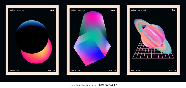 Set of minimal posters with abstract composition of glowing neon shapes and planets. Synthwave and vaporwave style covers for music or dance event.