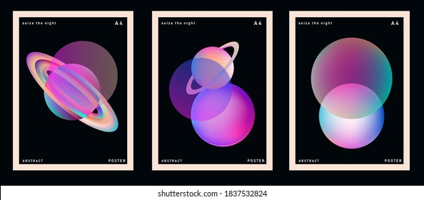 Set of minimal posters with abstract composition of glowing neon shapes and planets. Synthwave and vaporwave style covers for music or dance event.