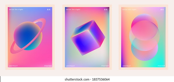 Set of minimal posters with abstract composition of glowing neon shapes and planets. Synthwave and vaporwave style covers for music or dance event.