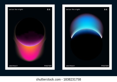 Set of minimal posters with abstract composition of glowing neon planets. Synthwave and vaporwave style covers for music or dance event.