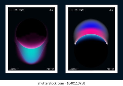 Set of minimal posters with abstract composition of glowing neon planets. Synthwave and vaporwave style covers for music or dance event.