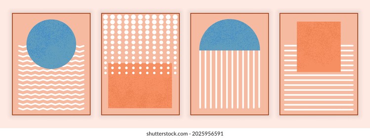 Set of minimal posters. Abstract designs with geometric shape, line, dots and waves. Illustrations for covers, postcards and wall decoration. Modern flat vector collection isolated on pink background