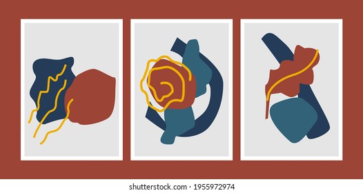 Conjunto de afiches mínimos con la composición de formas geométricas abstractas en un estilo de collage contemporáneo a la moda. Conjunto vectorial de ilustraciones creativas de dibujos a mano para la decoración de paredes, la cubierta de postal o de folleto 