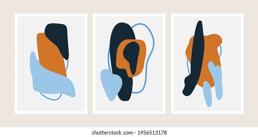 Set of minimal posters with abstract geometric shapes composition in trendy contemporary collage style. Vector Set of creative hand drawn illustrations for wall decoration, postcard or brochure cover 