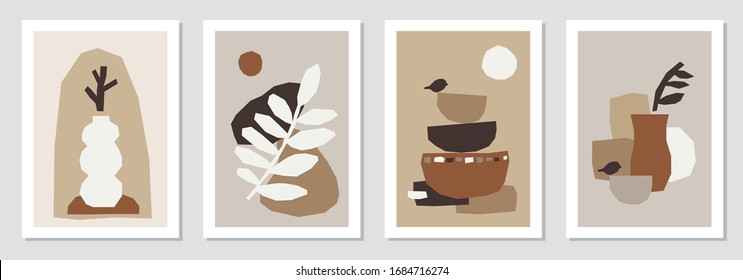 Set of minimal posters with abstract organic shapes composition in trendy contemporary collage style, can be used as flyer, card, brochure, social media post