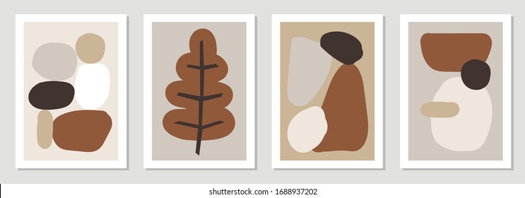 Un conjunto mínimo de carteles con formas orgánicas abstractas y composición en un estilo de collage contemporáneo de moda, colores neutros, se puede utilizar como volante, tarjeta, folleto, publicación en medios sociales