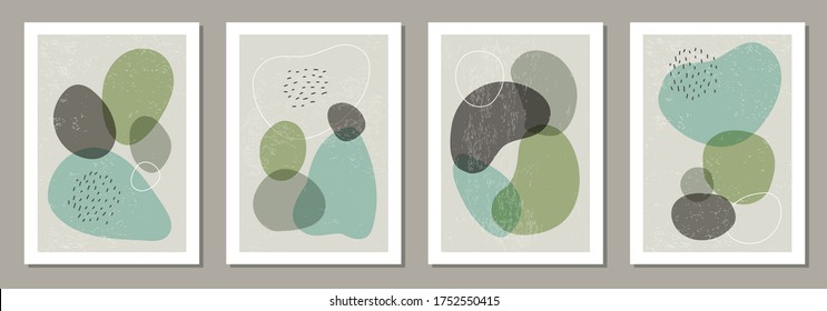 Set of minimal posters with abstract organic shapes composition in trendy contemporary collage style, can be used for wall decoration, postcard, cover design