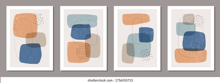 Set of minimal posters with abstract organic shapes composition in trendy contemporary collage style, can be used for wall art decoration, postcard, cover design
