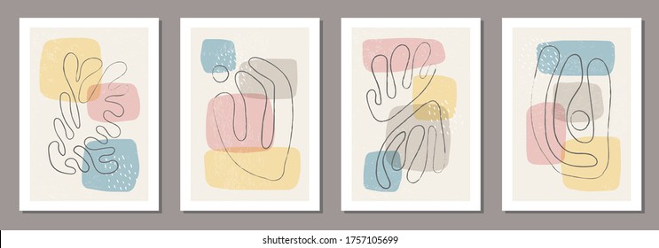 Set of minimal posters with abstract organic shapes composition in trendy contemporary collage style, can be used for wall art decoration, postcard, cover design