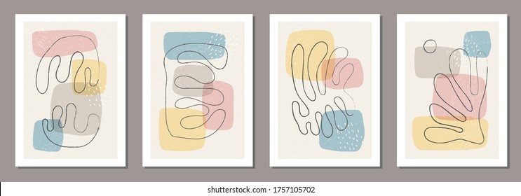 Set of minimal posters with abstract organic shapes composition in trendy contemporary collage style, can be used for wall art decoration, postcard, cover design