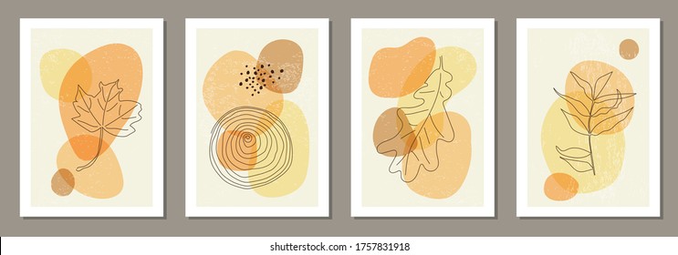 Set of minimal posters with abstract organic shapes composition in trendy contemporary collage style, can be used for wall art decoration, postcard, cover design