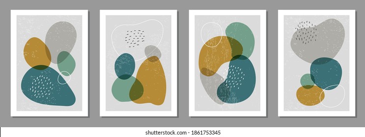 Set of minimal posters with abstract organic shapes composition in trendy contemporary collage style, can be used for art gallery, wall decoration, interior design