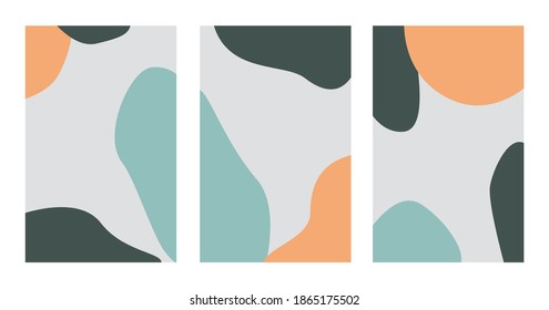 Set of minimal posters with abstract organic shapes composition in trendy contemporary collage style, can be used as flyer, card, brochure, social media post etc.