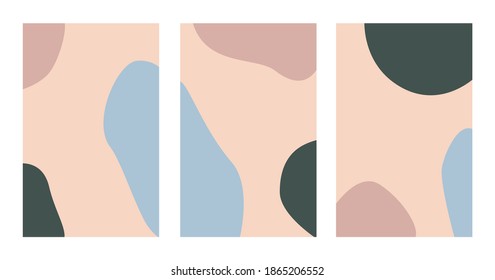 Set of minimal posters with abstract organic shapes composition in trendy contemporary collage style, can be used as flyer, card, brochure, social media post etc.