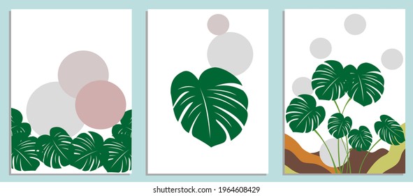 Set of minimal posters with abstract organic shapes composition in trendy contemporary collage style  with decorative branches and leaves For postcard, poster, poster, brochure, cover design