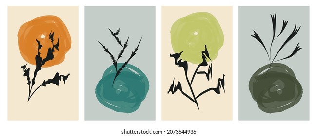 Set of minimal posters with abstract organic shapes composition in trendy contemporary collage style, can be used for wall art decoration, postcard, cover design