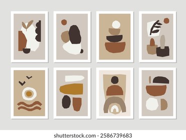 Set of minimal posters with abstract organic shapes composition in trendy contemporary collage style