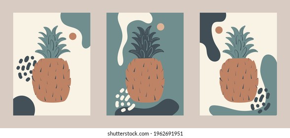 Conjunto de afiches mínimos con silueta abstracta de piña y formas fluidas. Fondos vectoriales contemporáneos de moda. Para la decoración de arte mural, postales, diseño de portada y web.