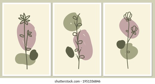 Set of minimal posters with abstract shapes and floral creative design. Green Purple pastel color. Good for wall art decoration, postcard, cover design, Invitation, decoration, book design, leaflet 