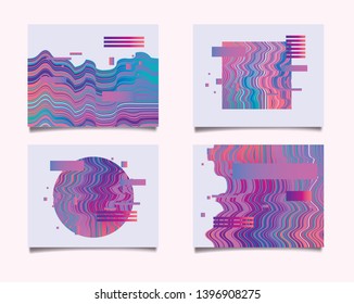 Set of minimal posters, collection of covers with glitched forms and geometric shapes. VHS glitch art effect, synthwave/ vaporwave/ retrowave style design template.