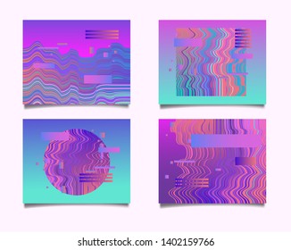 Set of minimal posters, collection of covers with glitched forms and geometric shapes. VHS screen glitch art effect, no signal TV noise. Synthwave/ vaporwave/ retrowave style design template.