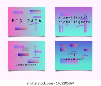 Set of minimal posters, collection of covers with glitched forms and geometric shapes. VHS glitch art effect, synthwave/ vaporwave/ retrowave style design template.
