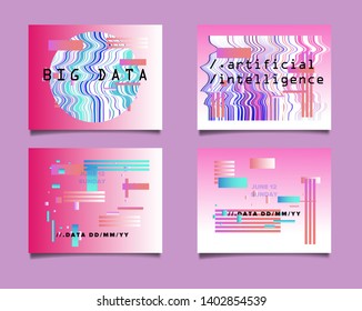 Set of minimal posters, collection of covers with glitched forms and geometric shapes. VHS screen glitch art effect, no signal TV noise. Synthwave/ vaporwave/ retrowave style design template.