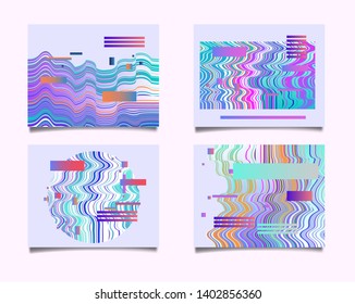 Set of minimal posters, collection of covers with glitched forms and geometric shapes. VHS screen glitch art effect, no signal TV noise. Synthwave/ vaporwave/ retrowave style design template.