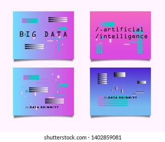 Set of minimal posters, collection of covers with glitched forms and geometric shapes. VHS screen glitch art effect, no signal TV noise. Synthwave/ vaporwave/ retrowave style design template.