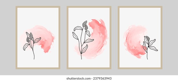 Set of minimal posters with a composition of organic shapes in a trendy modern style, black branches with watercolor brush strokes on a white background. Botanical art for wall decoration, card, cover