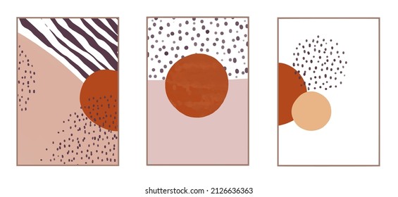 Set of minimal posters with geometric design, vector template with elements of primitive shapes, for wall decoration, postcards or brochure cover. EPS10 vector.