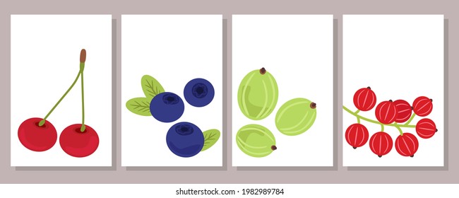 Set of minimal posters with illustrations of bright summer berries.