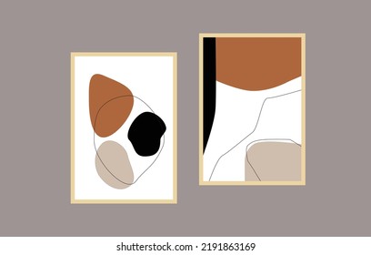 Set of minimal posters with Orange color abstract organic shapes composition in trendy contemporary collage style, can be used for wall art decoration, postcard, cover design