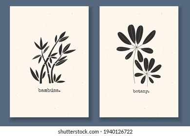 Set of minimal posters with plants, bamboo, leaves, and textured background. Monochrome vector illustration with abstract nature elements. Great design for your logo, postcards, and print.