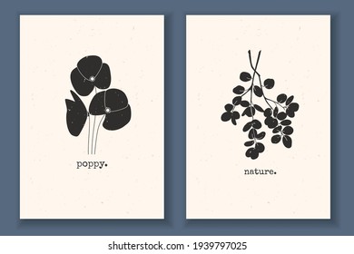 Set of minimal posters with plants, flowers, poppy, branch, leaves, and textured background. Monochrome vector illustration with abstract nature elements. Great design for your logo, print poster.