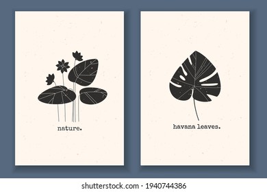 Set of minimal posters with plants, flowers, leaves, and textured background. Monochrome vector illustration with abstract nature elements. Great design for your logo, postcards, and for print.